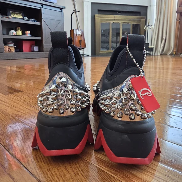 Christian Louboutin Black Sneakers with Red Soles and Silver Spikes - Picture 3 of 12